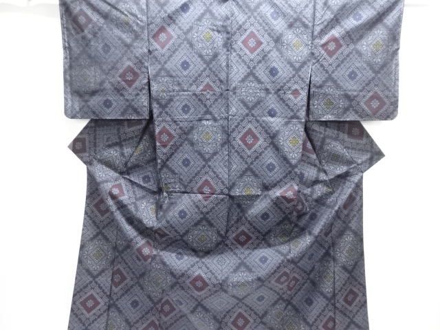 JAPANESE KIMONO / UNUSED OSHIMA TSUMUGI / INDIGO MUD / WOVEN RHOMBUS CREST